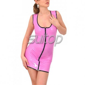 Rubber latex casual sleeveless dress with front zipper in purple color for women