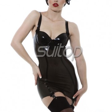 Sexy rubber latex tight mini dress with straps in transparent black color for female