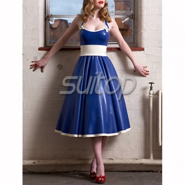 Sexy rubber latex halter long dress back with bowknot in blue color for women
