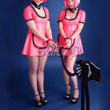 Sexy black latex maid uniform rubber dress fetish clothes inclduing dress and apron in pink and black lacing