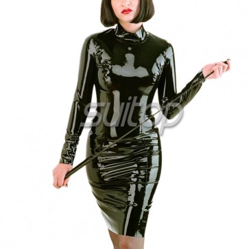 Rubber latex long sleeves dresses in black color with back zip teacher uniforms