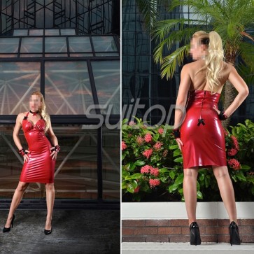 Sexy party rubber latex backless halter dress in red color for female