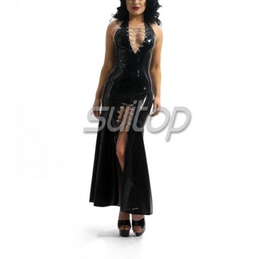 Sexy rubber latex halter slit long dress in black color for women