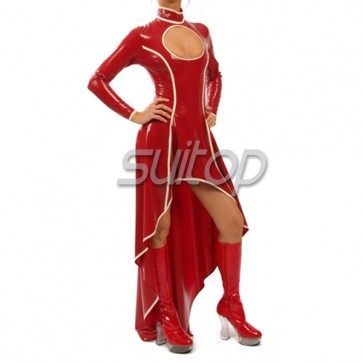 Cosplay rubber latex high neck low cut long dress in red color for female