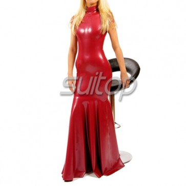 Sexy evening rubber latex high neck tight long dress with back zipper in metallic red color for women