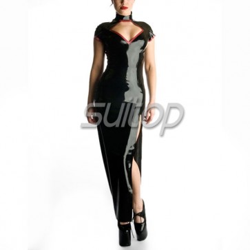 Sexy rubber latex high neck slit long dress with back zip in black color for women
