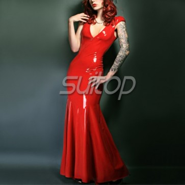 Sexy evening rubber latex low cut  long tight dress in red color for female