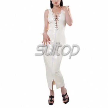 Sexy evening rubber latex lace up should-straps long dress with front zipper in white color for female