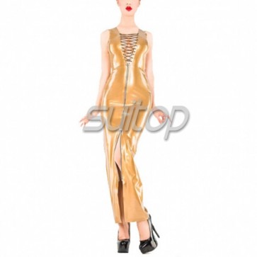 Sexy evening rubber latex lace up should-straps long dress with front zipper in metallic gold color for female