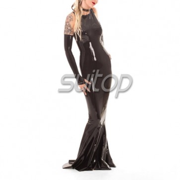 Sexy rubber latex halter backless fishtail long dress with nice bowknot in black color for women