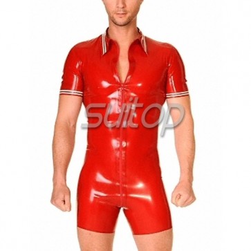 Men's rubber latex leotard bodysuit with front zip in red color
