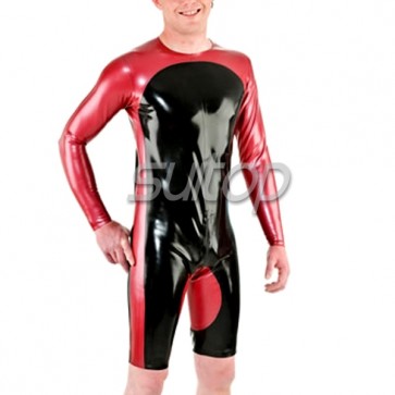 100% natural rubber latex long sleeve leotard jumpsuit with back zip main in black color for men