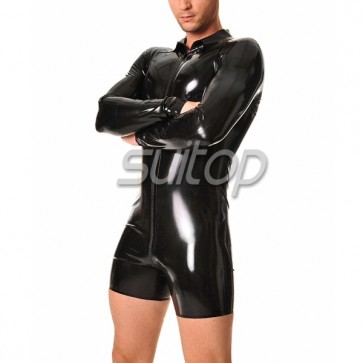 Pure handmade rubber latex long sleeve leotard jumpsuit with front zip in black color for men