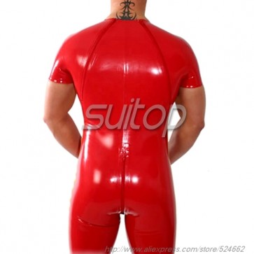 Pure handmade rubber latex short sleeve leotard bodysuit in red color for men