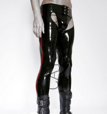 Men's sexy latex rubber leggings with black and red main trim and exposed ass