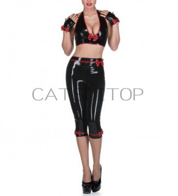 Women's Black High Quality Rubber Latex Sexy Medium Pants + Top and Gloves Black with Red Trim With Bow