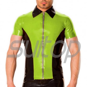 Men's Rubber Latex Short Sleeve Shirt Apple Green Plus Black Front Zipper