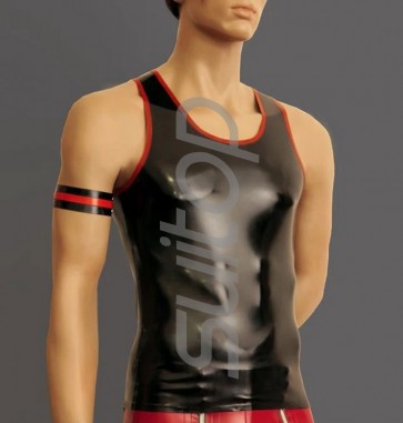 Suitop sexy men's rubber latex tight vest tanks in black and red trim with army belt