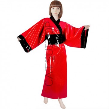 Women's latex bathrobes traditional kimono  red  sleepwear with black trims decorations CATSUITOP 