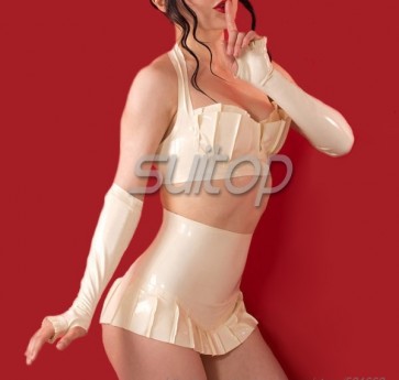 Suitop new arrivals rubber latex bras,ultra short skirt and long gloves in white color for lady