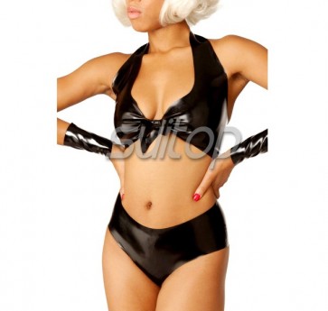 Suitop hot selling women's rubber latex lingerie set including halter bras and briefs in black color