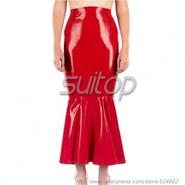 Suitop rubber latex long pleated skirt in red color for women
