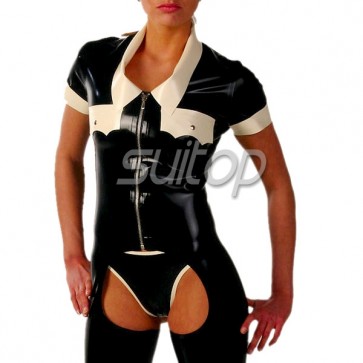 Suitop new arrivals rubber latex women's female's catsuit(open ass)with briefs main in black and white trim color
