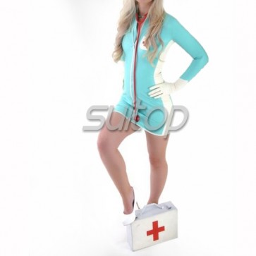 Suitop women's rubber latex long sleeve nurse uniform tight dress attached zip with gloves main in sky blue color