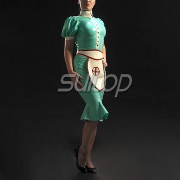 Suitop women's rubber latex short sleeve uniform dress with cap and apron in green color