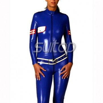 Suitop sexy women's rubber latex military uniform catsuit with front zip in dark blue color