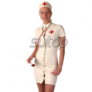 Suitop sexy women's rubber latex short sleeve nurse uniform dress with front buttons in white color