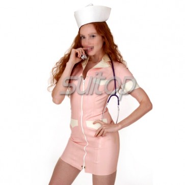 Suitop women's rubber latex mini nurse uniform dress in pink color with front zipper