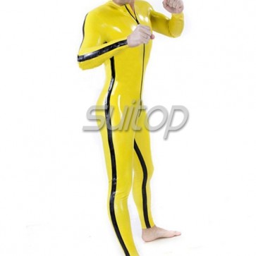 Suitop rubber zentai suit yellow color latex catsuit with body line blues lee Kongfu suit