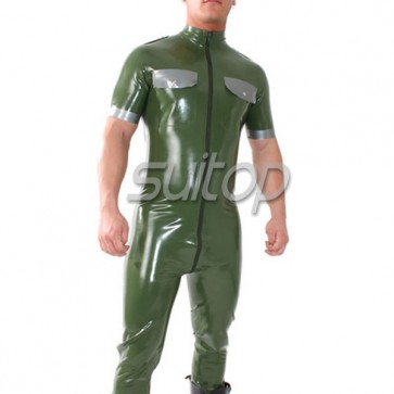 handmade latex uniform party catsuit policy out-fit with front zip through crotch