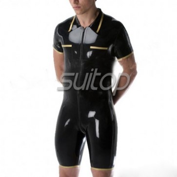 Sexy rubber latex short sleeve tight leotard jumpsuit with front zip in black color for men
