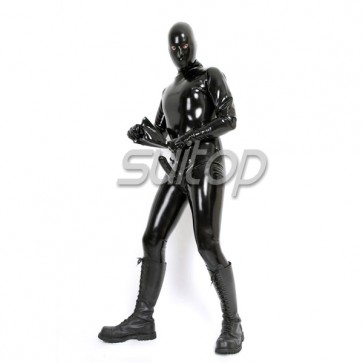 Suitop hot selling men's rubber latex full cover zentai catsuit with penies condoms with cod pieces for adult exotic in black color