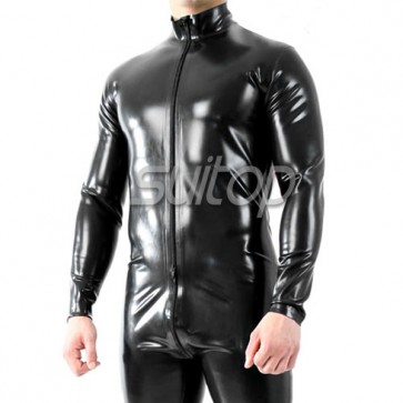 Suitop high quality men's rubber latex classical catsuit with 3 YKK zippers in black color