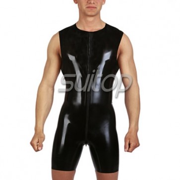 Black rubber latex sleeveless leotard jumpsuit with front zip for men