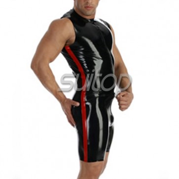 Black rubber latex sleeveless leotard bodysuit with front zip for men