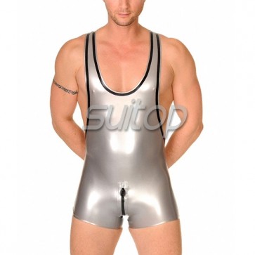 Metallic gray rubber latex vest leotard bodysuit with back zip for men