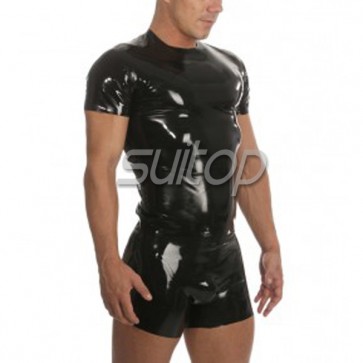 Black color 100% natural rubber latex short sleeve leotard jumpsuit for men