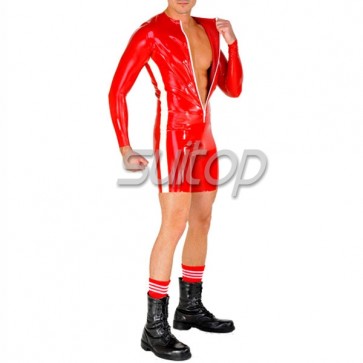 Men's rubber latex long sleeve leotard jumpsuit with front zip in red color
