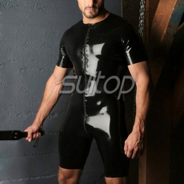 Suitop men's rubber latex short sleeve catsuit with front zipper to ass in black color