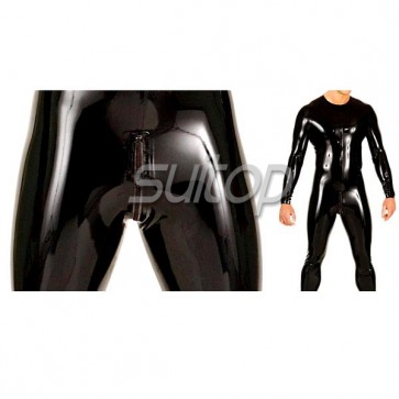Suitop men's high quality 0.4mm heavy rubber latex catsuit neck entry with crotch zip in black color 