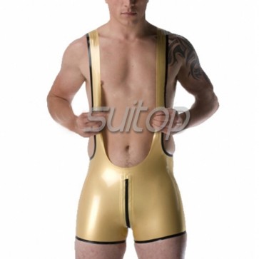 Suitop new arrivals rubber latex men's male's body & leotard with crotch zipper in metallic gold color