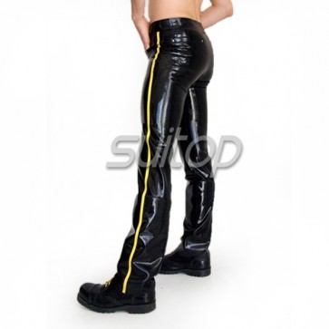 Sexy Men's latex rubber jeans Casual trousers in black and yellow trim