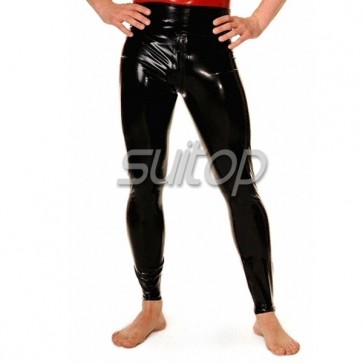 Rubber latex legging  for men sexy pants with crotch zip in black and red trim