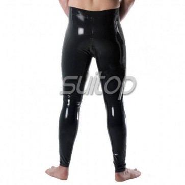 Suitop men's sexy rubber latex leggings with crotch zipper in black color