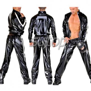 Suitop hot selling man's rubber latex uniform including sport jacket and sport trousers in black color