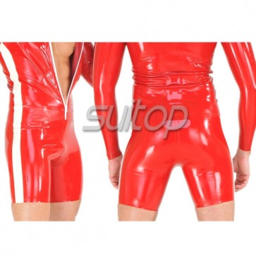 Suitop sexy rubber latex men's male's shorts no zipper in red and white trim color